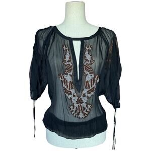 Gold Hawk Vintage Silk Sheer Black Blouse Beaded Holiday Top Boho Festive L